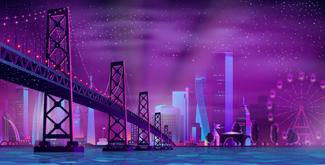 Wall Mural - Night metropolis skyline cartoon vector background in neon colors. Suspension bridge over river or bay, illuminated skyscrapers, ferris wheel on city quay in foggy weather with snowfall illustration