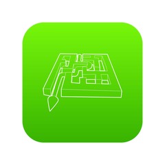 Poster - Path with arrow across labyrinth icon green vector isolated on white background
