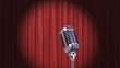 Red Curtain with Spotlight and Vintage Microphone, 3d Render