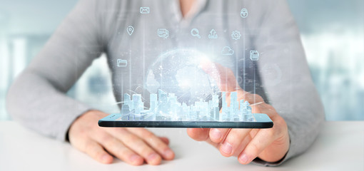 Poster - Businessman holding Smart city user interface with icon, stats and data 3d rendering