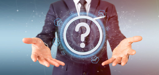Poster - Man holding a Technology question mark icon on a circle 3d rendering