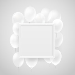 Poster - Empty white frame on a wall with flying white balloons. Vector illustration
