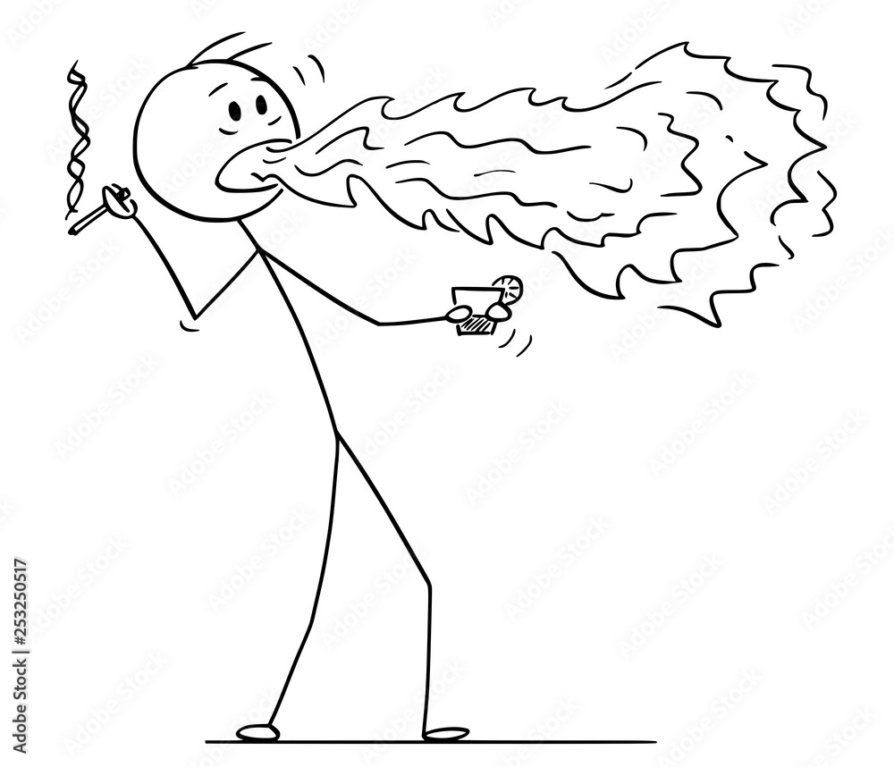 Cartoon stick figure drawing conceptual illustration of man holding drink  and cigarette and with fire or flame coming from his mouth. Stock Vector
