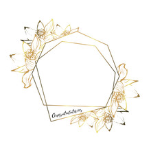 Botanical Garland From Lotus Flowers, Vintage Floral Wreath With Golden Polygonal Frame