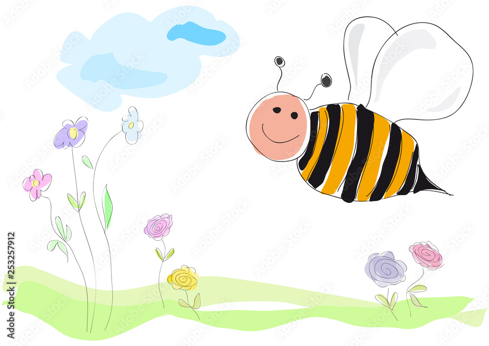 Pszczoła Na Kwiaty Rysunek Ilustracji Wektorowych W Stylu