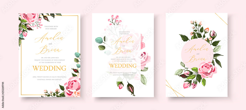 Wedding floral golden invitation card save the date design with pink flowers - obrazy, fototapety, plakaty 