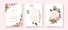 Wedding Floral Golden Invitation Card Save The Date Design With Pink Flowers