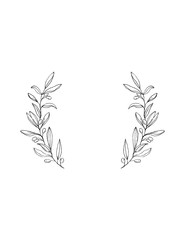 Delicate Hand Drawn Green Olive Twigs Isolated on a White Background. Vector Black Branch Frame. Retro Style Delicate Black Sketched Floral Wreath. Illustration Without Text.