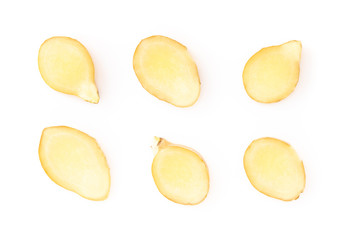 Sticker - Set of fresh ginger root  sliced on white background for herb and medical product concept