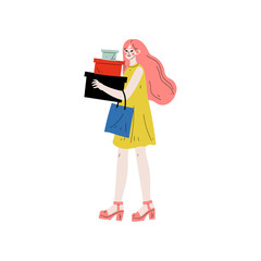 Sticker - Young Beautiful Woman Carrying Boxes and Shopping Bags, Seasonal Sale at Store, Mall, Shop Vector Illustration