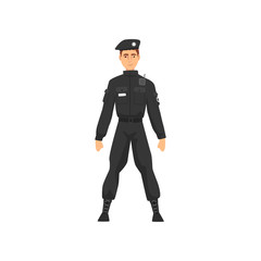 Canvas Print - Police Officer in Black Uniform, Professional Policeman Character Vector Illustration