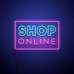 Wall Mural - Shop online neon sign. Vector illustration.