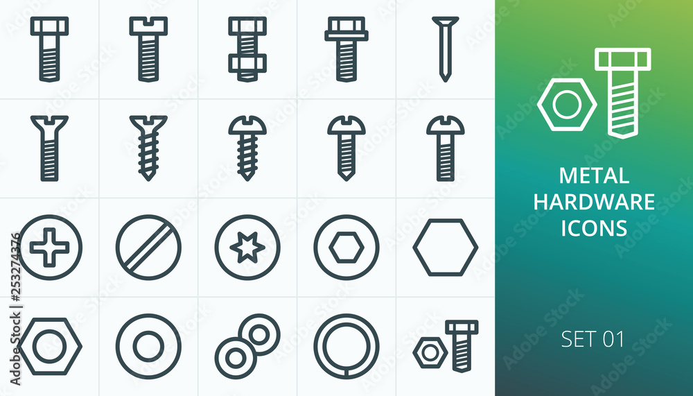 Metal construction hardware linear icons set. Set of screw, bolt, washer, metalware, nut, diy, hexahedron, metal nail vector icons - obrazy, fototapety, plakaty 