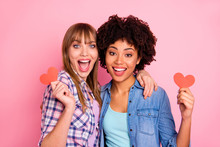 Close-up Portrait Of Two Person Nice Cute Lovely Sweet Attractive Charming Cheerful Girls In Checkered Shirt Holding In Hands Small Little Cards Cuddling Isolated Over Pink Pastel Background