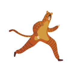 Canvas Print - Man wearing tiger costume in running action. Guy in outfit for carnival or Halloween party. Flat vector design