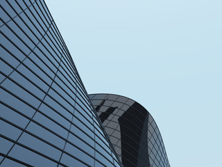 Poster - 3D stimulate of high rise curve glass building and dark steel window system on blue clear sky background,Business concept of future architecture,lookup to the angle of the corner building.