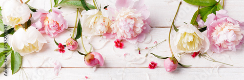 Delicate white pink peony with petals flowers and white ribbon on wooden board Wallpaper Mural
