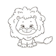 Wall Mural - Cute cartoon lion. Coloring book page for children. Black and white outline illustration.