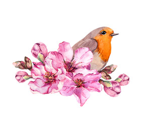 Wall Mural - Spring bird on flowering branch with pink flowers of cherry, sakura, apple, almond flowers . Watercolor