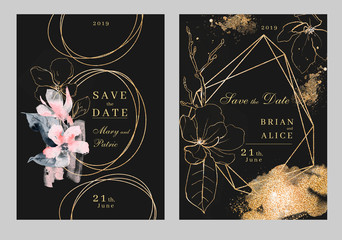 Watercolor invitation wedding template. Dark and golden luxury colors.