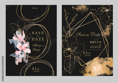 Watercolor invitation wedding template. Dark and golden luxury colors.