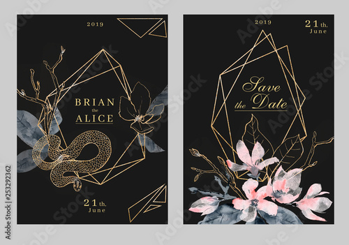 Watercolor invitation wedding template. Dark and golden luxury colors.