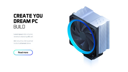 Computer air cooling with color led lighting for cpu processor, 3d realistic fan isometric illustration, custom gaming and workstation components, computer components and accessories store