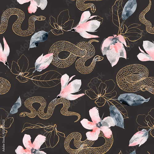 Seamless pattern with golden flowers and snakes on the black background.