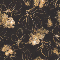  Seamless pattern with golden flowers and leaves in black background.