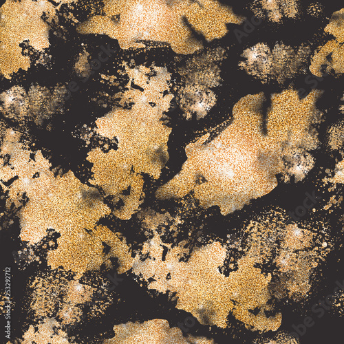 Seamless pattern with golden stains on the black background.