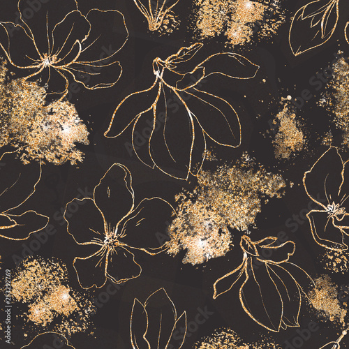 Seamless pattern with golden flowers and leaves in black background.