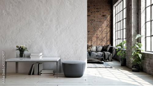 Fotomural Living room loft in industrial style ,3d render