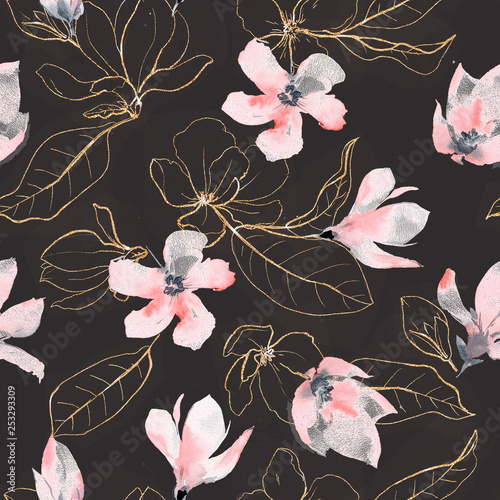 Seamless pattern with golden flowers and leaves in black background.