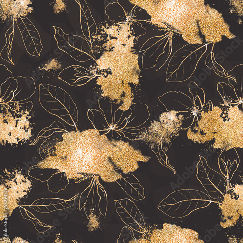 Seamless pattern with golden flowers and leaves in black background.