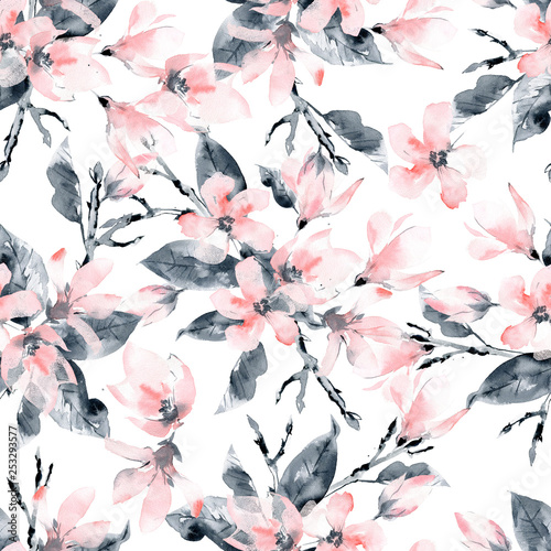 Seamless pattern with flowers and leaves. Pink magnolia flowers and black lea...