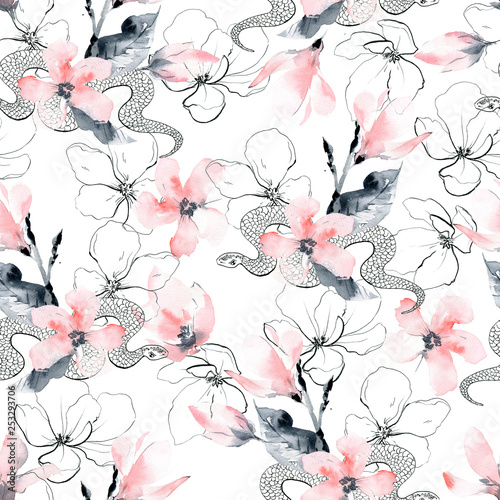 Seamless pattern with flowers and snakes. Pink magnolia flowers, gray and bla...