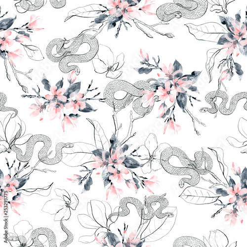 Seamless pattern with flowers and snakes. Pink magnolia flowers, gray and bla...