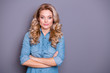 © deagreez - Close up photo amazing attractive smiling gladly modern her she lady arms crossed wave wealth hair styling wearing casual jeans denim shirt clothes outfit isolated grey background