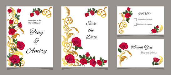 Wall Mural - Greeting card with red roses, for invitation, wedding, birthday and other holiday and summer background- Vector