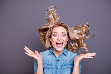 Wall Mural - Close-up portrait of her she nice-looking cute gorgeous charming attractive cheerful wavy-haired lady rejoicing having fun curls blowing isolated over gray violet purple pastel background