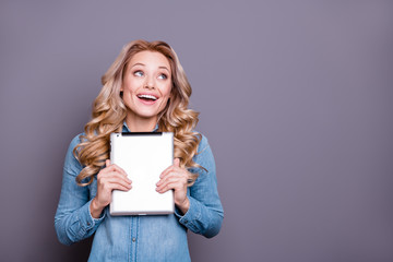 Wall Mural - Portrait of her she nice cute lovely sweet fascinating charming attractive cheerful wavy-haired lady wearing blue shirt holding in hands tablet fantasize fancy isolated over gray pastel background