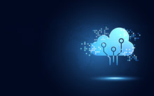 Futuristic Blue Cloud With Pixel Digital Transformation Abstract New Technology Background. Artificial Intelligence And Big Data Concept. Business Industry 4.0 And 5g Wifi Data Storage Communication.