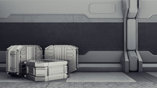 Sci-fi Warehouse Where Containers Are Stored. Sci-fi Warehouse Where Containers Are Stored. Armory On A Spaceship.