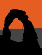 Vector Illustration Of Delicate Arch In Arches National Park - Utah, USA. Silhouette Illustration With Mountains In Background.
