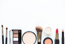 Makeup Cosmetics Tools Background And Beauty Cosmetics, Products And Facial Cosmetics Package Lipstick, Eye Shadow On The White Background. Lifestyle Fashion Concept