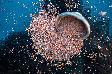 Raw organic herbal spice Mustard seeds or sarso or rai or Brassica nigra, in a clay bowl on wooden surface.