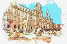 Watercolor Sketch Or Illustration Of A Beautiful View Of The Building And The Trevi Fountain In Rome In Italy