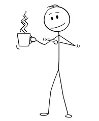 Sticker - Cartoon stick figure drawing conceptual illustration of man holding cup of hot beverage, coffee or tea and pointing at it.