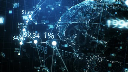 Canvas Print - Blue Earth Hologram with Network. Futuristic Business and Technology Concept. Numbers and Dots Seamless Turning in Close-up. Looped 3d Animation with DOF Blur.  4k Ultra HD 3840x2160