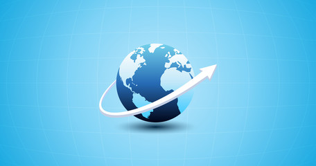 Abstract financial chart with up arrow around globe in flat icon design on blue color background